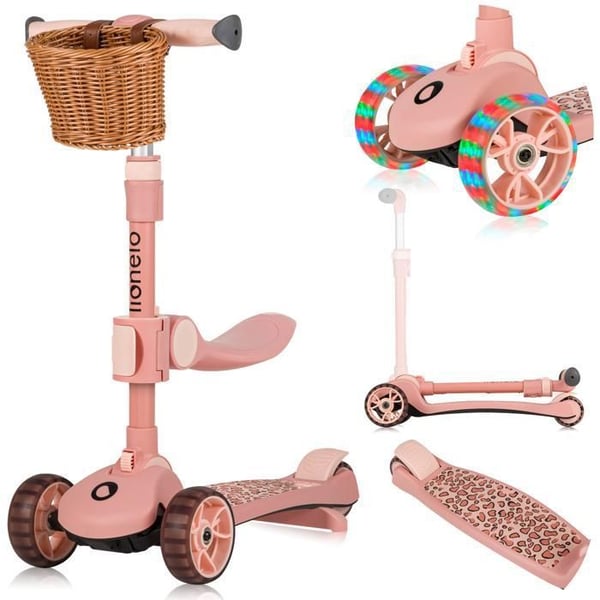 Draisienne sparkcykel barn LIONELO Franky - Belysta hjul - Upp till 50 kg - Korg - Fällbar - Rosa