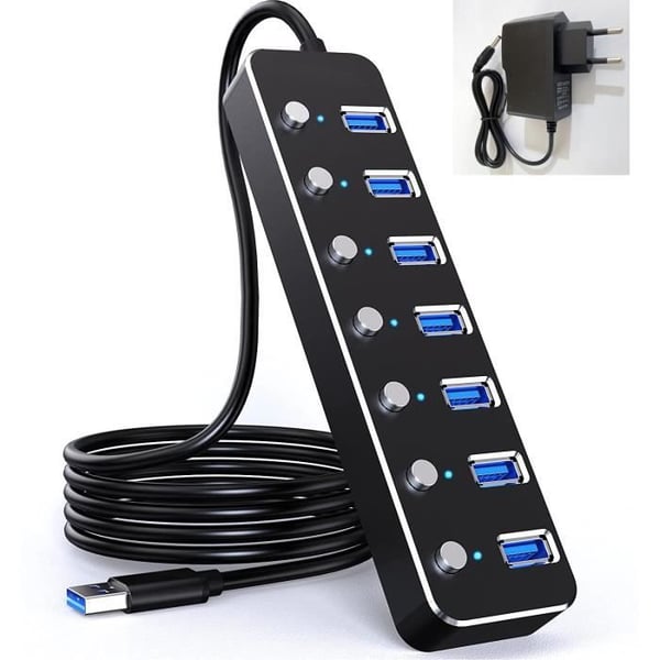 USB 3.0-hubb, 7-portars USB 3.0 splitter med lång kabel på 1,2 m, med strömbrytare - Strömadapter ingår