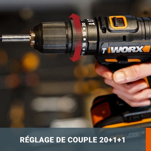 Slagnøgle 20V WORX - WX370 (moment 50 Nm, 13 mm chuck, 2 hastigheder, 2 batterier 2Ah og oplader + 30 bor)