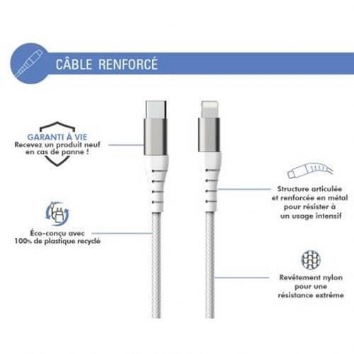 Laddnings- och synkroniseringskabel - Force Power - USB C/Lightning - 3m - 3A - Vit