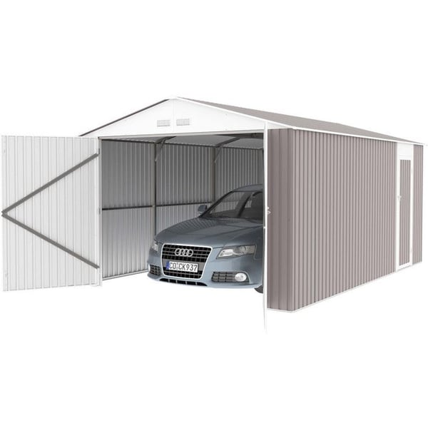 Garage i metall Nevada - Taupe/vitt - Vikdörr 15,36 m² - L4,70 × l3,10 × H2,35 m