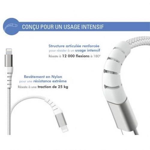 Laddnings- och synkroniseringskabel - Force Power - USB C/Lightning - 3m - 3A - Vit