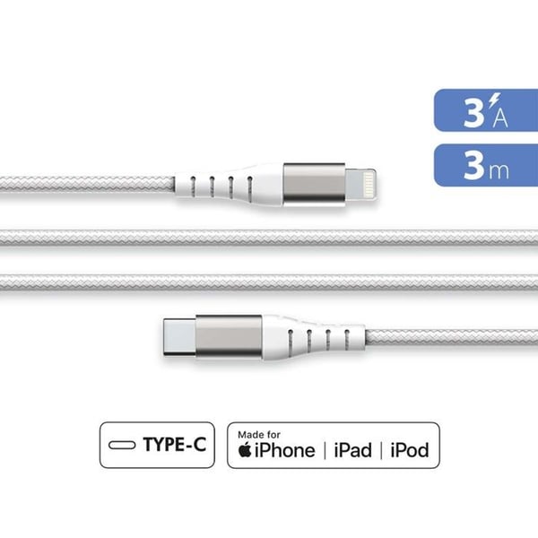 Laddnings- och synkroniseringskabel - Force Power - USB C/Lightning - 3m - 3A - Vit