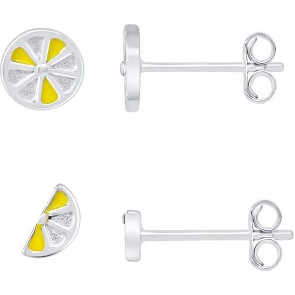 Örhängen - LÉA & ARTHUR - HEL CITRON & 1-2 - Silver 925 - Gul/Vit emalj - Stift/Knopp