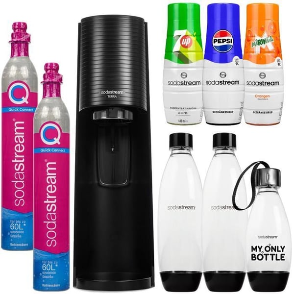 Saturator för kolsyrat vatten - Sodastream - Terra - 3 flaskor 2 kolsyrecylindrar inklusive sirap - Svart