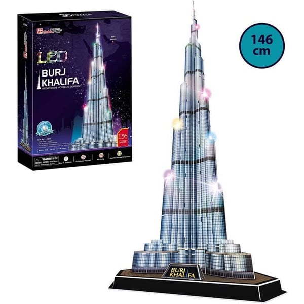 3D LED-pussel - Burj Khalifa - 3D-pussel för barn och vuxna - Modell att bygga - 136 bitar - Höjd 146cm - LED