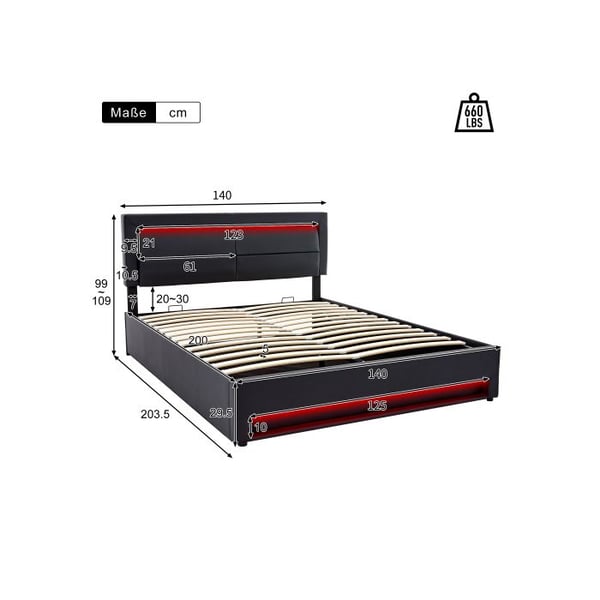 Polstret seng - MUVOE - 140 x 200 cm - USB - LED-belysning - Opbevaring under sengen