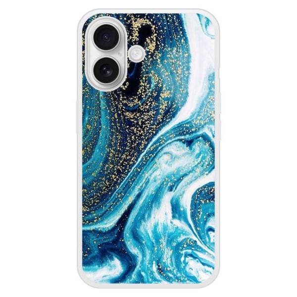 Skyddande silikonfodral med marmorblå glittrig design, kompatibelt med Apple iPhone 16 Plus.