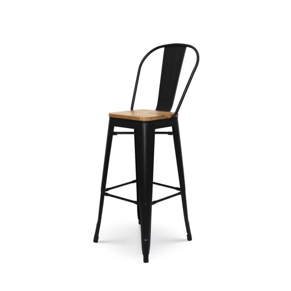 Svart metallbarstol i industriell stil med hög rygg och sittplats i ljust trä - Höjd 76 cm