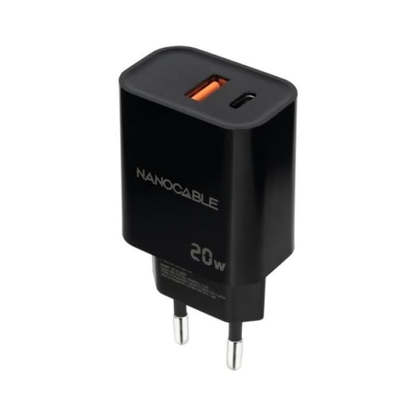 USB-C PD 20W-laddare - NANO KABEL - Svart - Snabbladdning - Universell - 2 USB-portar