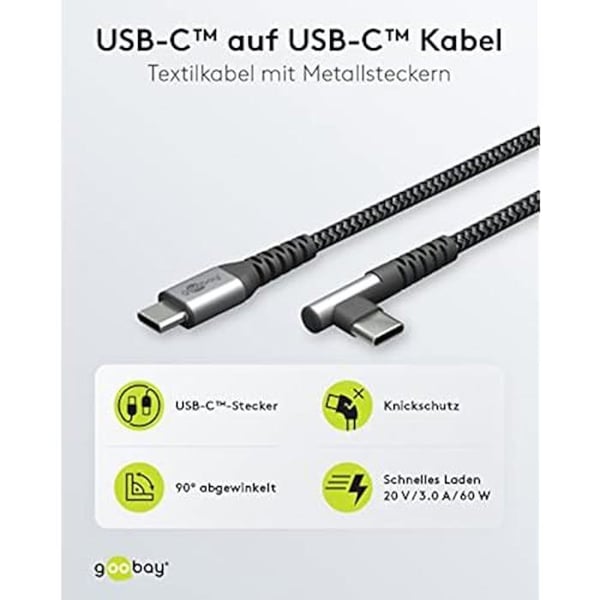 USB-C-kabel - GOOBAY - 64659 - Snabb laddning 60 W - 90 ° vinkel - 1 m svart