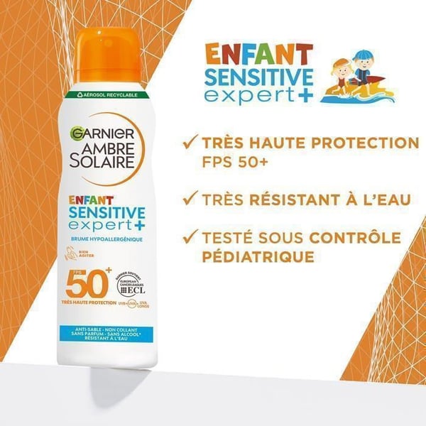Solskyddsspray mot sand - GARNIER - Ambre Solaire Sensitive Expert+ Barn - SPF50+ - Hypoallergenisk - Vattentålig