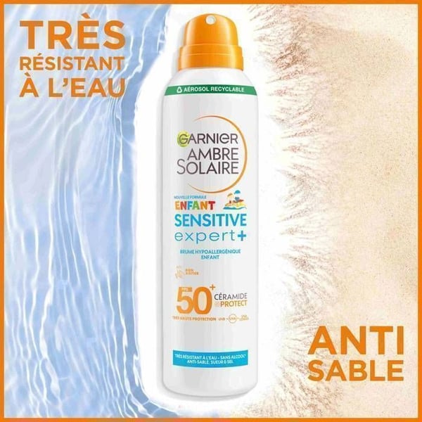 Solskyddsspray mot sand - GARNIER - Ambre Solaire Sensitive Expert+ Barn - SPF50+ - Hypoallergenisk - Vattentålig