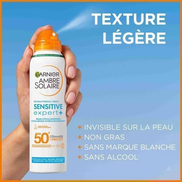 Solskyddsspray mot sand - GARNIER - Ambre Solaire Sensitive Expert+ Barn - SPF50+ - Hypoallergenisk - Vattentålig