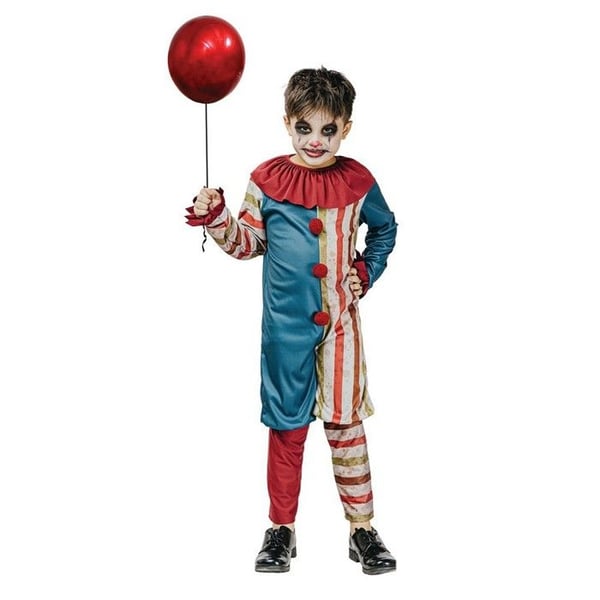 Barnkostym - PTITCLOWN - Vintage clown - Randig dräkt vit/blå - Röd krage - 5-9 år