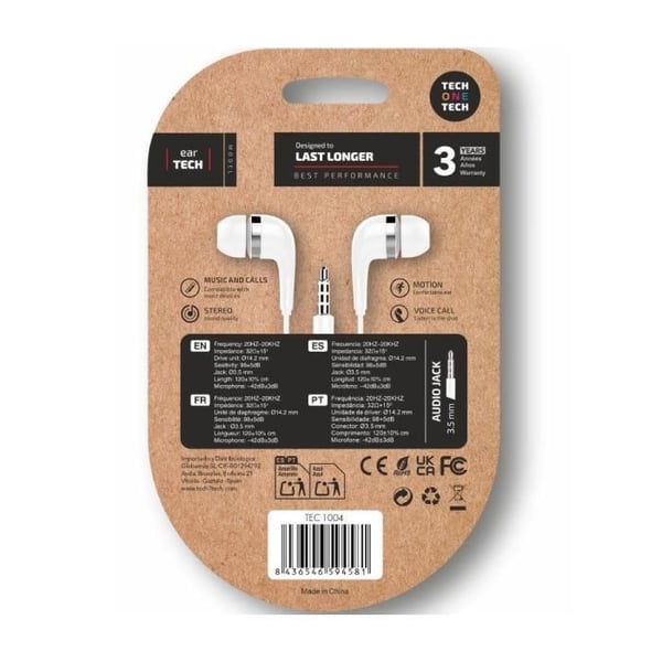 In-ear hörlurar - TECH ONE - Soft earTECH TEC1004 - Inbyggd mikrofon - Jack 3,5 mm trådad - Vit 1,2 m