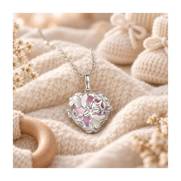 Graviditet Bola Cage hjärta Blommor och fjärilar rosa boll Halsband