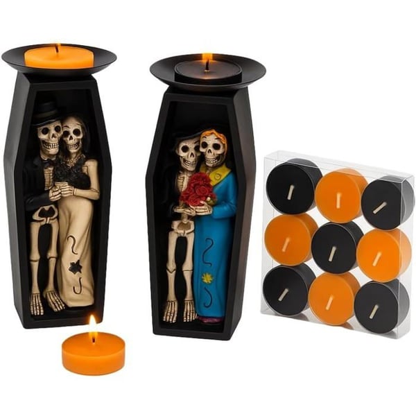 Grand Bougeoir Halloween 18cm i Form av Kista med Skelett i Slumptäckta Färger och 9 Doftljus