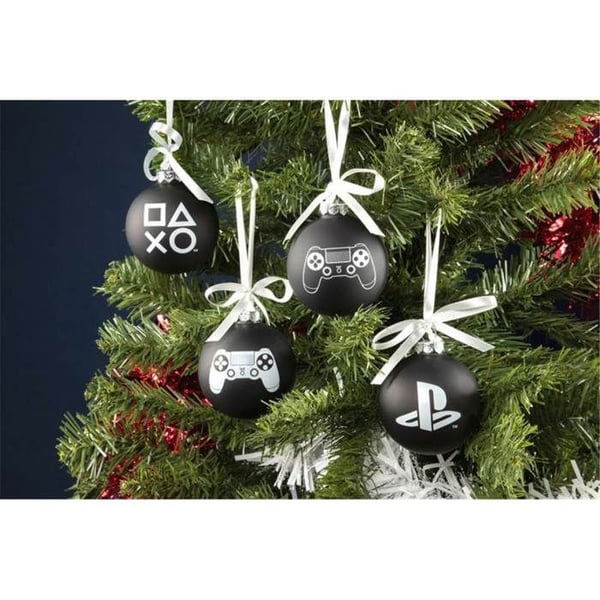 PALADONE julgranskulor i svart glas - PlayStation - Set med 4 - 7 cm diameter - Flerfärgad