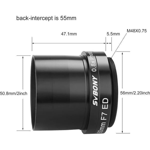 Svbony SV193 Fokalreducerare, 2 tum 0.8X Fältutjämnare, FMC Optik för SV503 80mmED F/7 Teleskop Astrofotografi