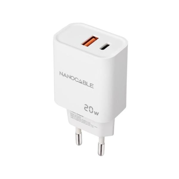 USB-C PD + USB-A QC 20W-laddare - NANO KABEL - Vit - Snabbladdning - Universell - 2 portar