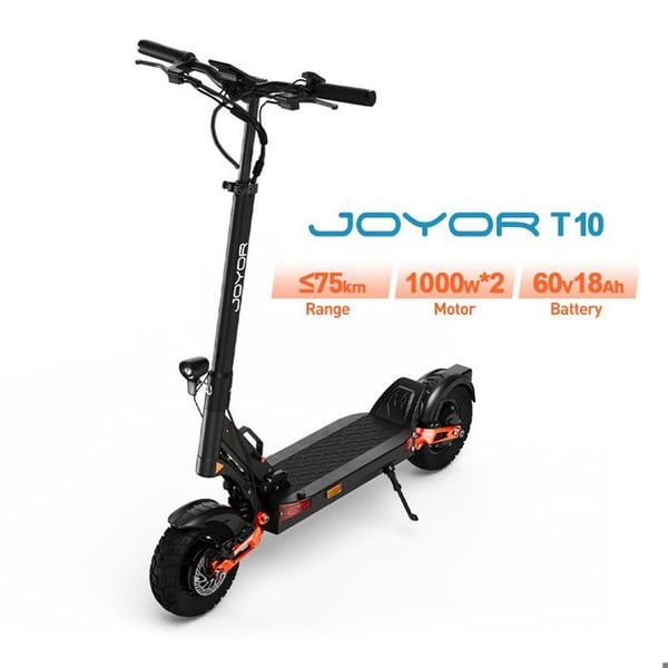 Trottinette électrique Joyor T10, dubbel motor 2000 W, 10 tum, terräng, batteri 60 V och 18 Ah, räckvidd 75 km - Svart