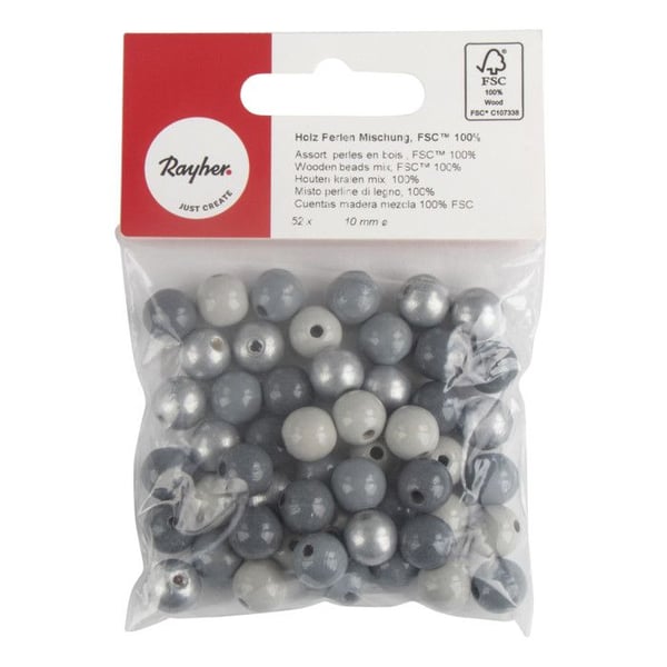 Blandad träpärlor, FSC 100%, 10mm, grå - silverfärgade, polerade, 52 st