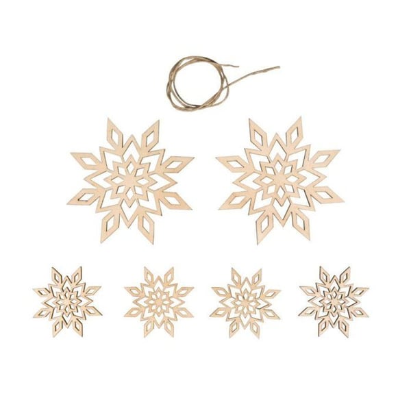 Dekoration trä Snöflingor, FSC MixCred, assorterad, naturlig, 5 - 9cm ø, + snöre, 6 st