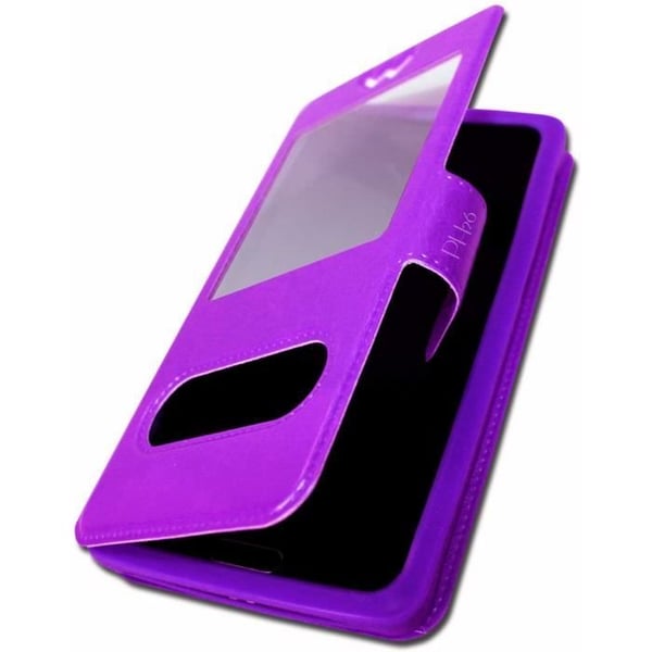 Wiko Y80 Extra Slim Purple Folio Case X 2 Windows i ekologiskt kvalitetsläder med magnetstängning och synliga sömmar