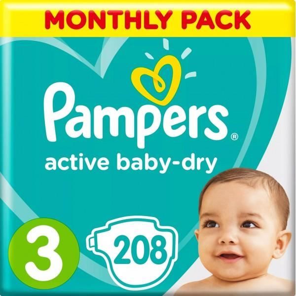 PAMPERS ACTIVE BABY DRY STORLEK 3 208 BLÖJOR PACK 1 MÅNAD AV BLÖJOR