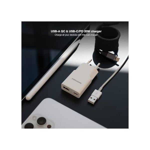 USB-C/PD 20W + USB-A/QC 20W - Nano-kabel - Två snabbladdningsportar