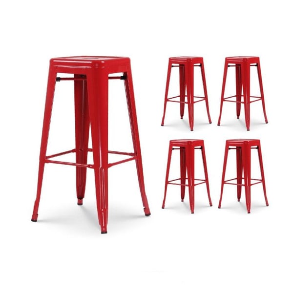 Set med 4 barstolar i glänsande röd metall i industriell stil - Utan ryggstöd - Höjd 76 cm
