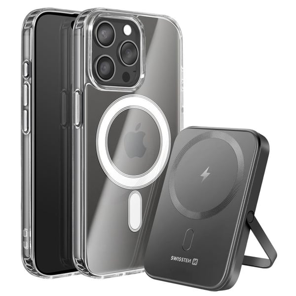 Tillbehörspaket - SWISSTEN - iPhone 15 Pro - Dubbelt material - Powerbank 5000 mAh - Trådlös laddning 15 W