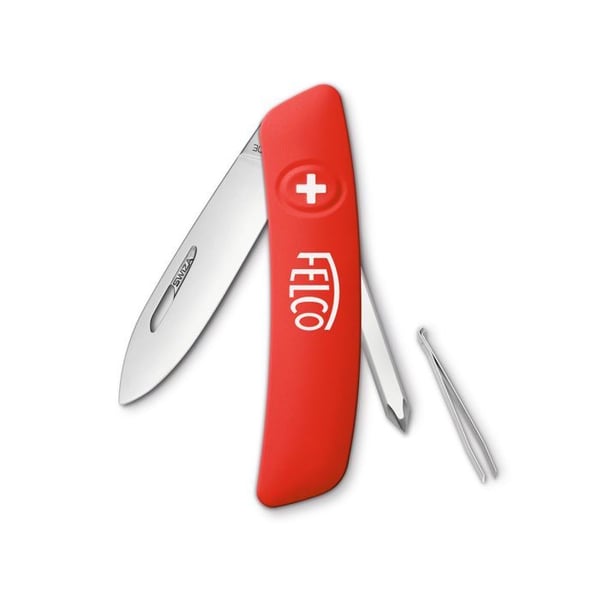 FELCO 502 Schweizisk kniv, multifunktionell kniv 4 funktioner, skruvmejsel, pincett, blad 75 mm, röd