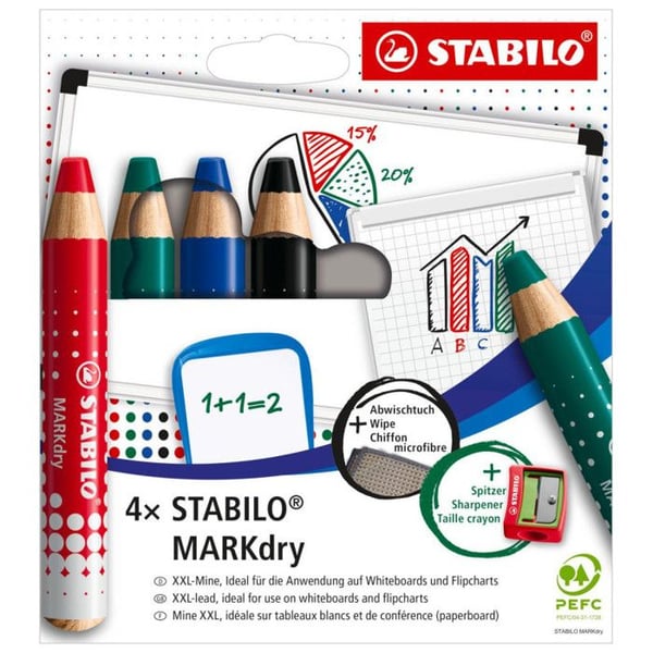 Kartong med 4 STABILOMARK torra markörpennor + 1 pennvässare + 1 trasa