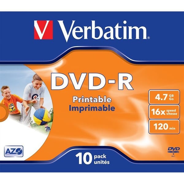 Utskrivbar DVD-R 16X Verbatim - Paket med 10 - Kristallfodral - 4,7 GB - 120 minuter