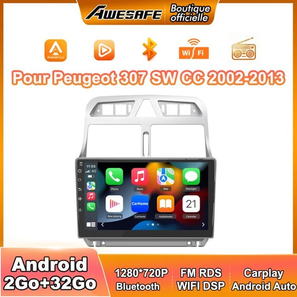 AWESAFE Autoradio Android 13 2Go+32Go för Peugeot 307 307CC 307SW (2002-2013) med 9'' Pekskärm Android Auto Carplay GPS WiFi