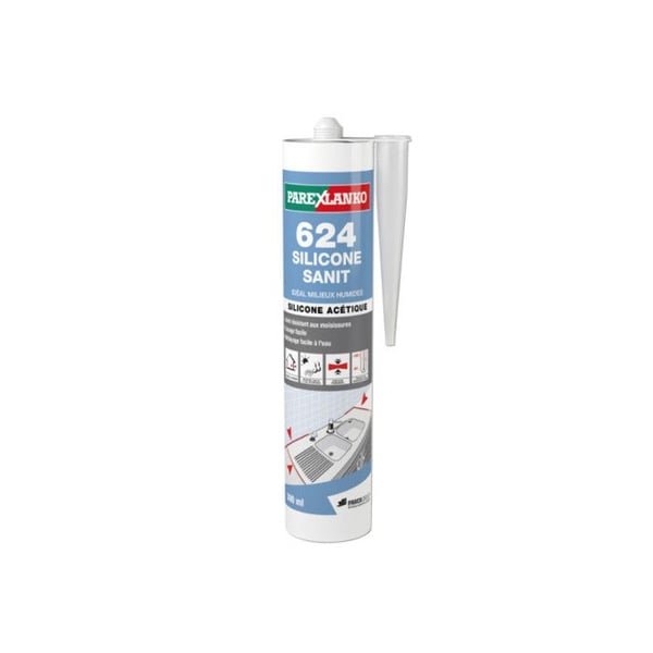 Mastiksilikon acétique PAREXLANKO 624 Silicone Sanit - Transparent - 300ml - L624TRANS300-12