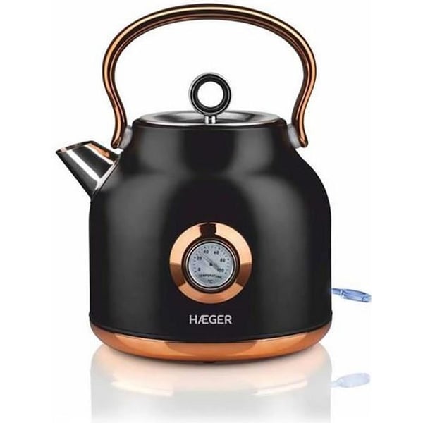 Haeger Art Deco Trådlös Elektrisk Vattenkokare Tekanna Svart Koppar 2200W 1,7L Temperaturdisplay Överhettningsskydd