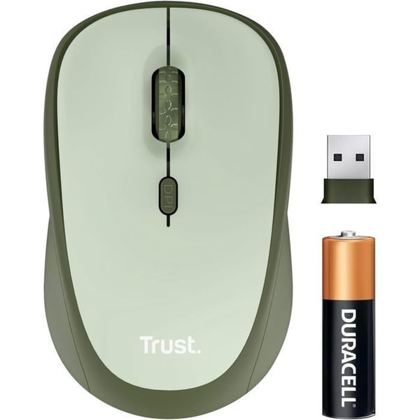 Trust Yvi+ Silent Wireless Mouse med hållbar design, 800-1600 DPI, Ambidextrous, lagringsbar USB-mottagare, kompakt - grön