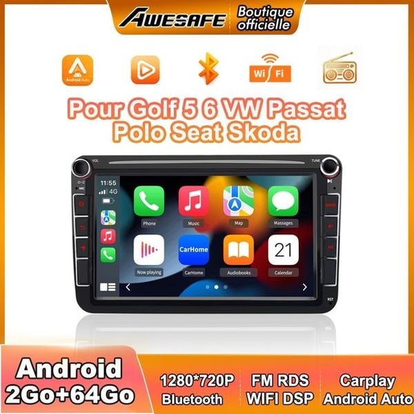 AWESAFE Autoradio Android 13 för Golf 5 6 VW Passat Polo Seat Skoda 2Go+64Go med 8'' Touchscreen Carplay Android Auto GPS