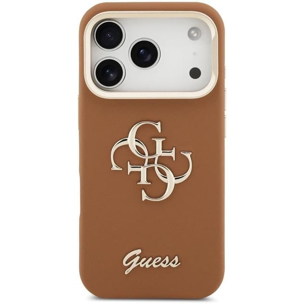 Guess PU Grainad 4G Logo Ställ Kamera Ram Fodral för iPhone 17 Pro 6.3" Brun