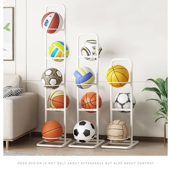 Vit metallstöd för att förvara 5 fotbollar, basketbollar och volleybollar, perfekt för rummet eller garaget.