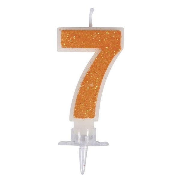 Bougie - siffra "7" med paljetter och fäste, orange, 10 cm, 1 set