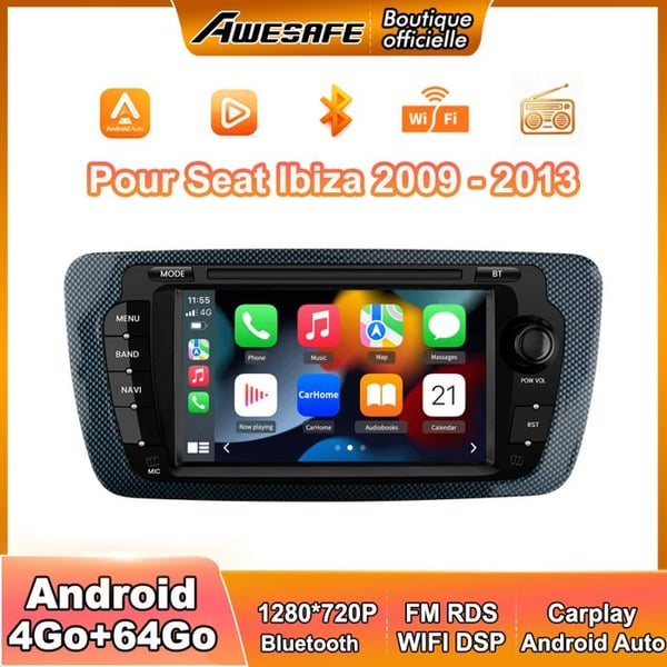 AWESAFE 4G Autoradio Android 13 4Go+64Go för Seat Ibiza 6j (2009-2013) 7'' Skärm med Carplay GPS Bluetooth Android Auto RDS WiFi
