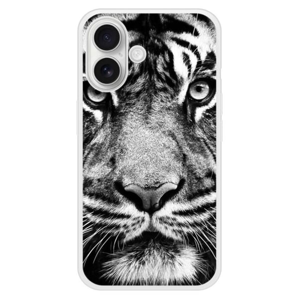 Förstärkt silikonhölje med tryck kompatibelt med Apple iPhone 16 Plus, vit och svart tiger.