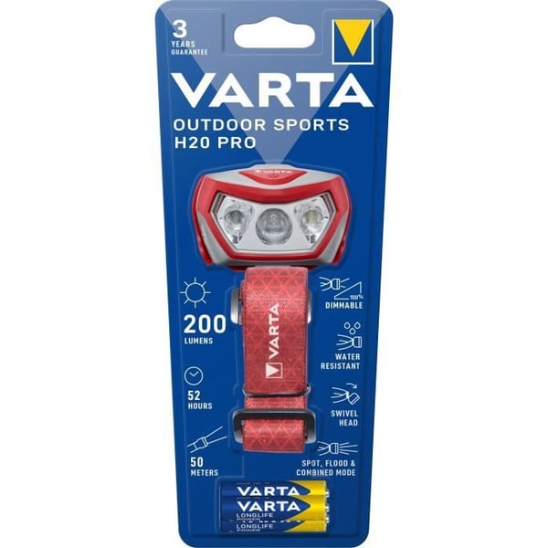 Frontal-VARTA-Outdoor Sports H20 Pro-200lm-Dimbar-IPX4-Röd LED-3 ljuslägen-Vitt och rött ljus-3 AAA-batterier ingår