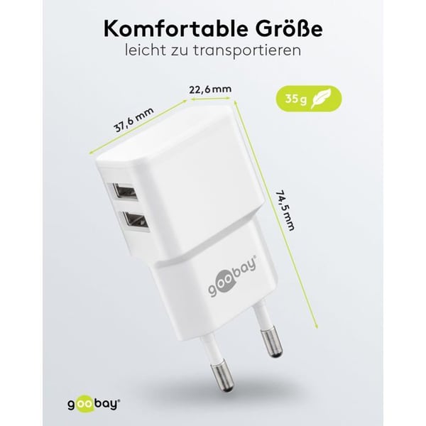 Goobay 44952 USB-oplader - Udgangsstrøm 2,4 A - 2 x USB 2.0 type A hun