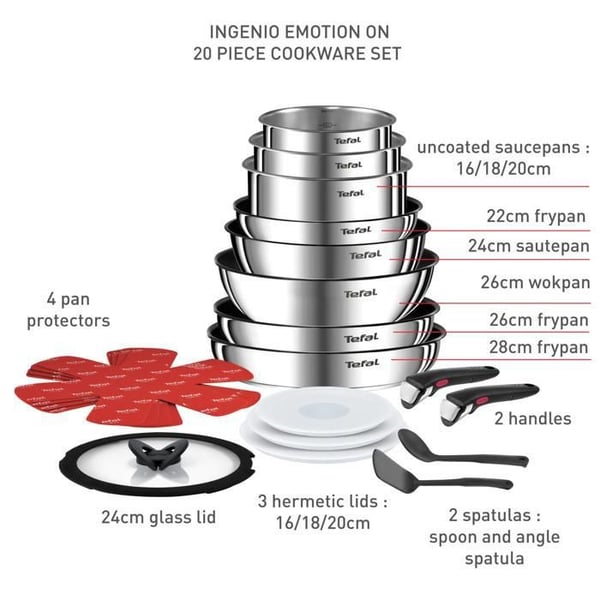 Tefal Ingenio Emotion, Grydesæt 20 stk, Induktion, Aftagelige håndtag, Rustfrit stål L897SJ04