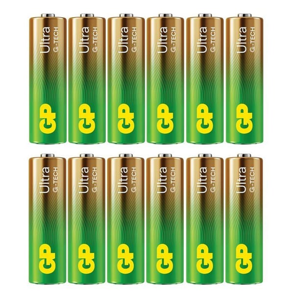 Alkaliska batterier storlek AA - GP - Ultra - 1.5V - Förpackning med 12 - Svart - Engångs - Mått 5x10x1.27 cm